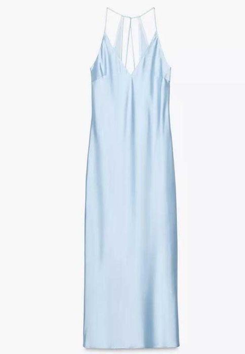 Zara rochie midi lunga baby blue satin spate decupat v