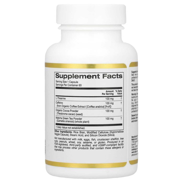 California Gold Nutrition, L-теанин, кофеин, какао и матча, 60 капсул