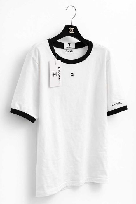 бяла тениска шанел с черно къс ръкав chanel нова памук блуза топ