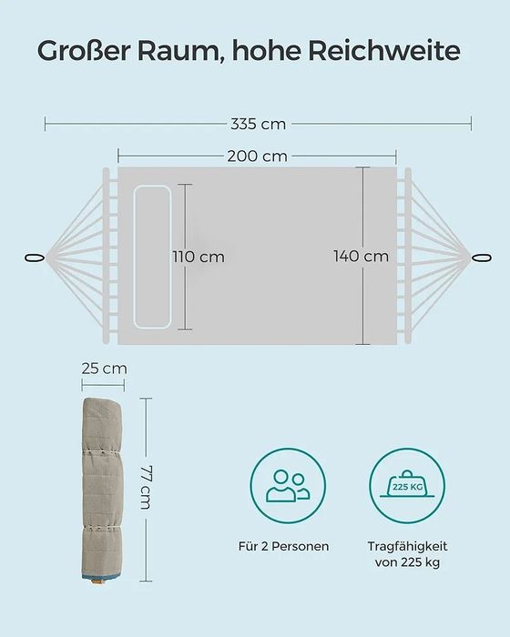 Hamac pentru 2 persoane, stalpi de bambus, 200 x 140 cm, Max 225 kg