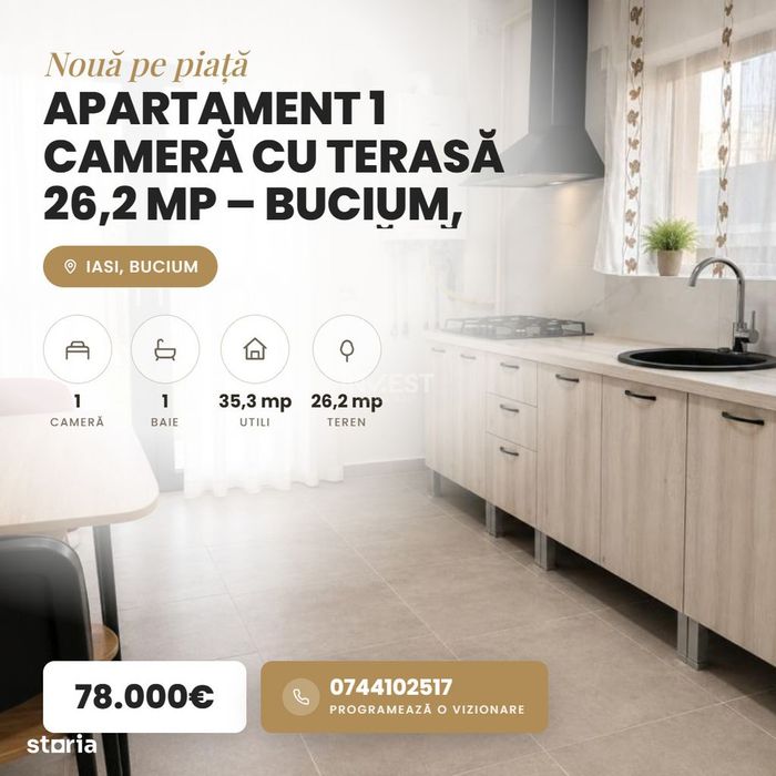 Apartament 1 camera, cu terasa generoasa – Bucium, Aleea Plopii fara