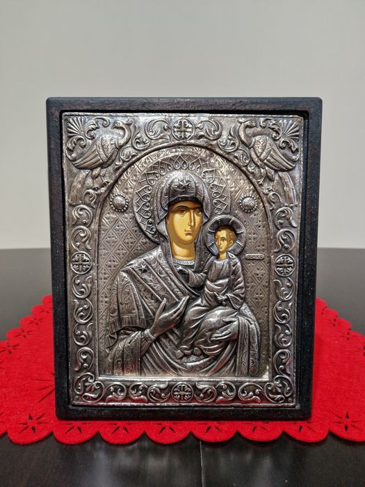 Прекрасна антикварна голяма сребърна икона -,Сертификат