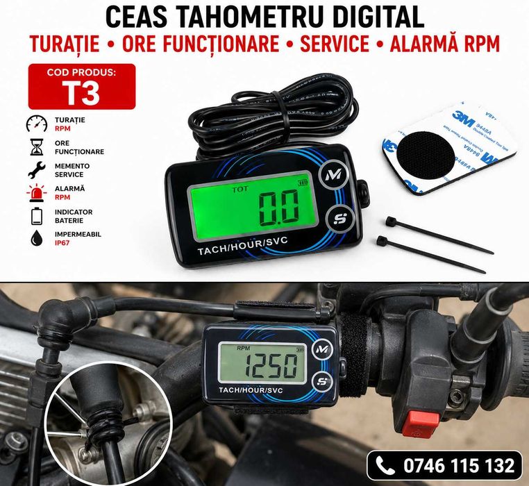 Tahometru–Turometru LCD–Universal–Motocicleta ATV Scuter Motocultor–T3