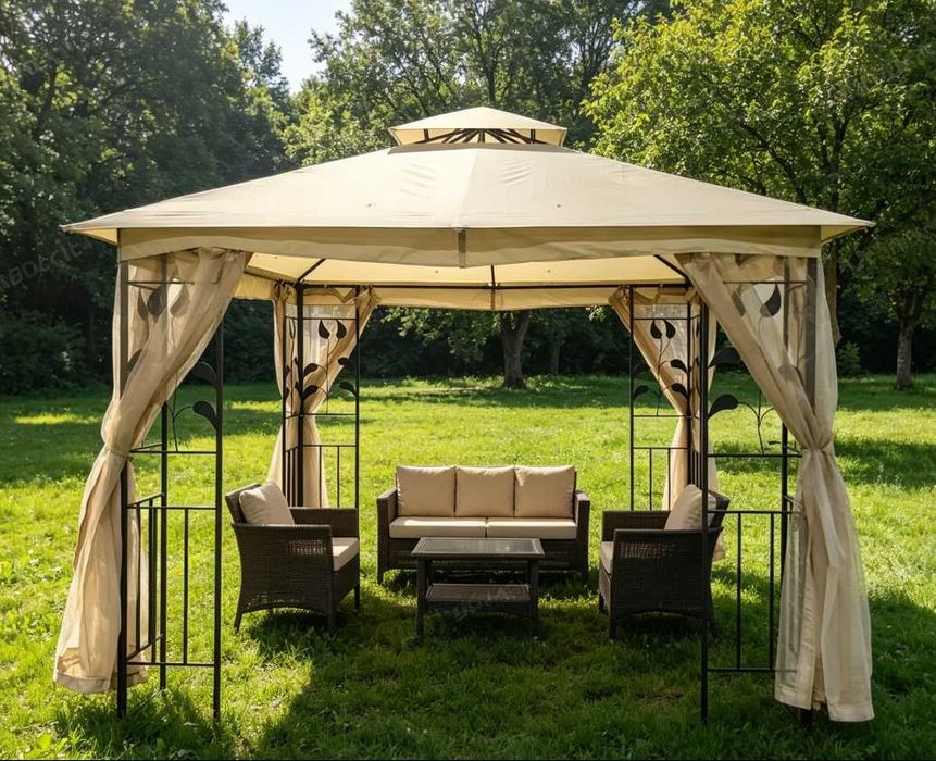 Foișor Grădină Cort 3×3 m din Oțel cu Pereți Laterali și Acoperiș Textil – Gazebo Exterior Bej | Model YS-1201