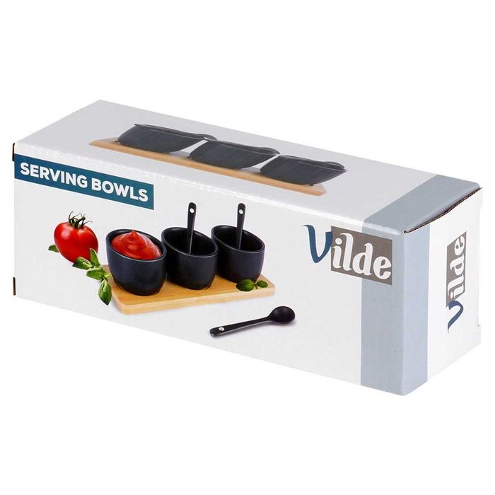 Комплект от 3 керамични купи с лъжици върху бамбуков поднос