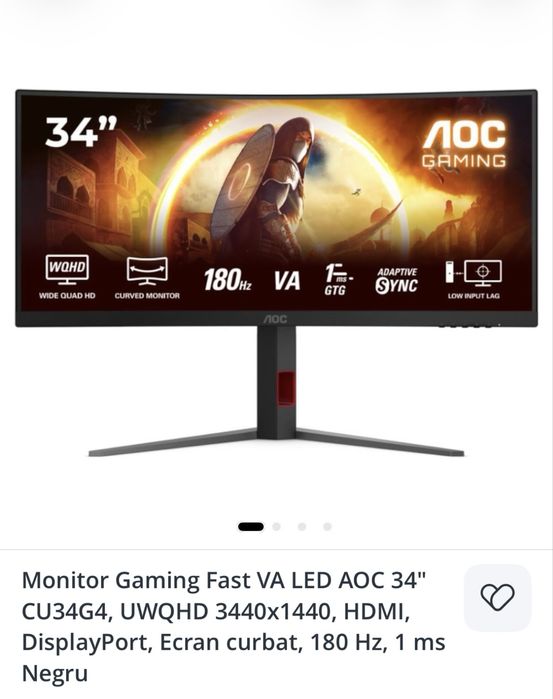 Monitor Gaming Curbat AOC 34" CU34G4 UWQHD 180Hz 1ms