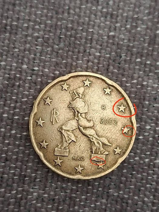Монета от 20 цента с дефекти от 2002г.