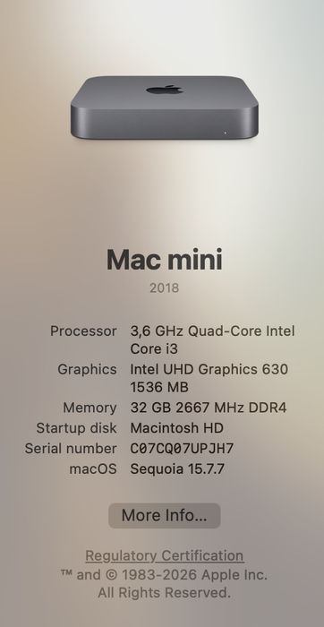 Mac mini 2018 32GB DDR4 256GB SSD