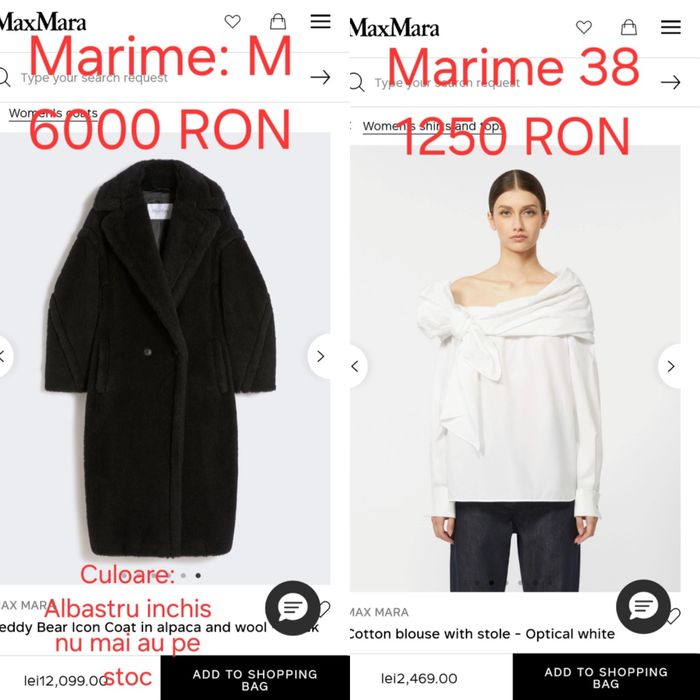 Nou50%REDUS Max Mara Palton, camasa, fusta, blana, geaca