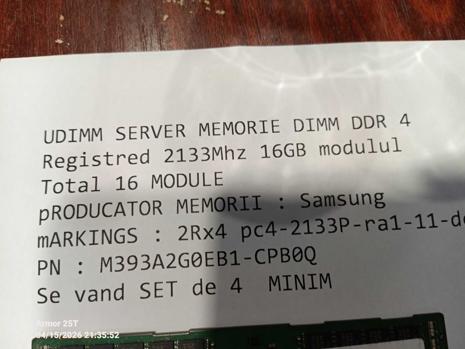 UDIMM SERVER MEMORIE DIMM DDR 4 Registred 2133Mhz 16GB modulul