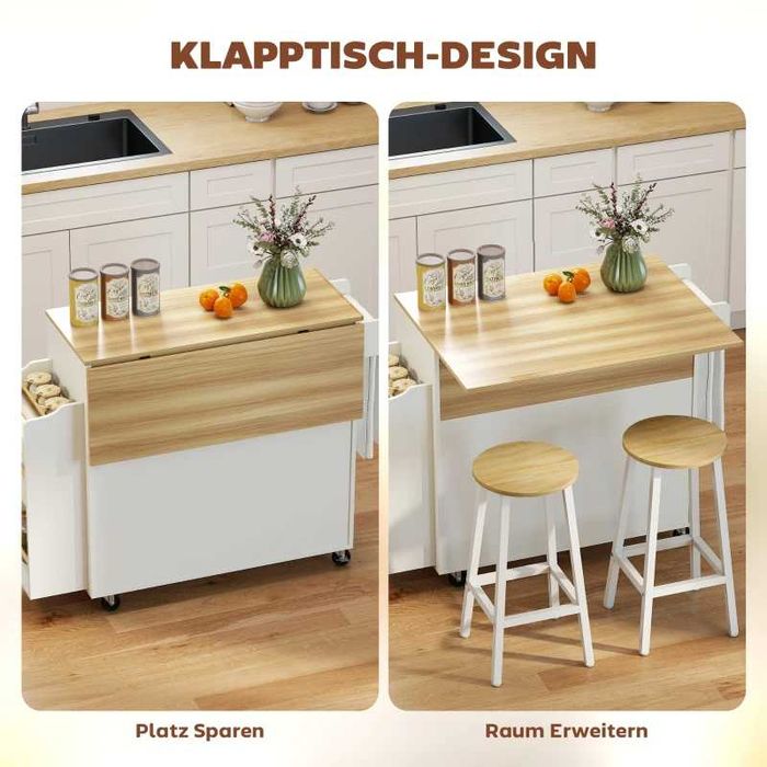 HOMCOM Кухненски остров, Кухненска количка на колелца, със сгъваем плот, чекмедже, рафт, 120 x 68 x 85 см