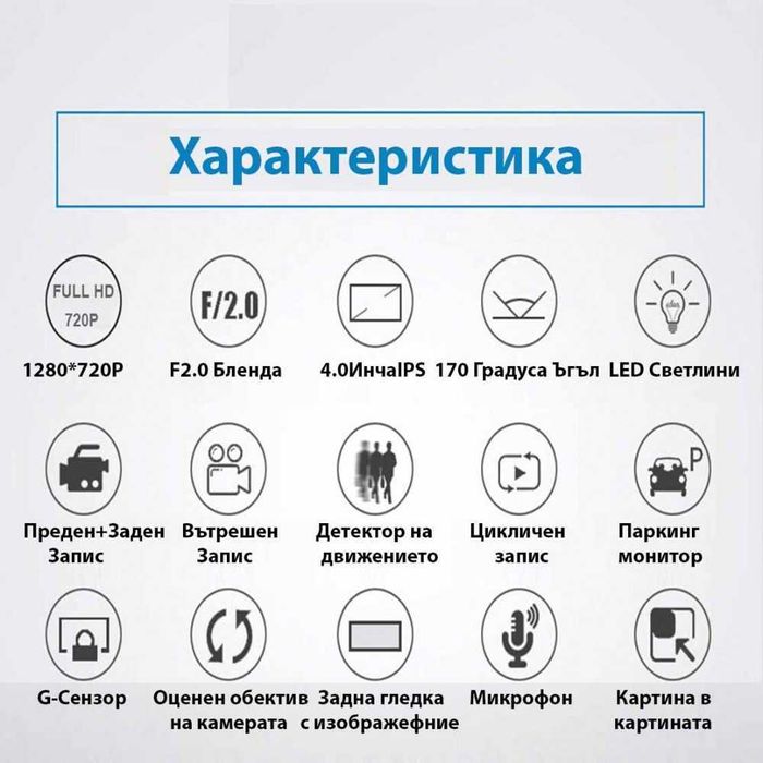 Видеорегистратор с 3 камери,детектор за движение,wide angle, G-сензор,