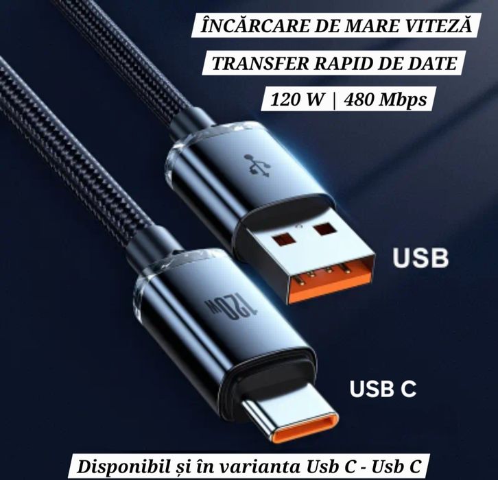 Cabluri 120W/100W. Încărcare+Transfer Date. UsbA și UsbC. Ranforsate.
