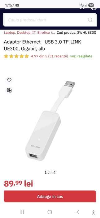 Adaptor Ethernet - USB 3.0 TP-LINK UE300, Gigabit, alb