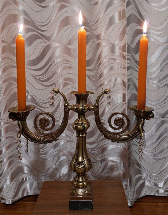 Подсвечник трехрожковый Путти. Канделябр бронзовый + хрусталь. Европа