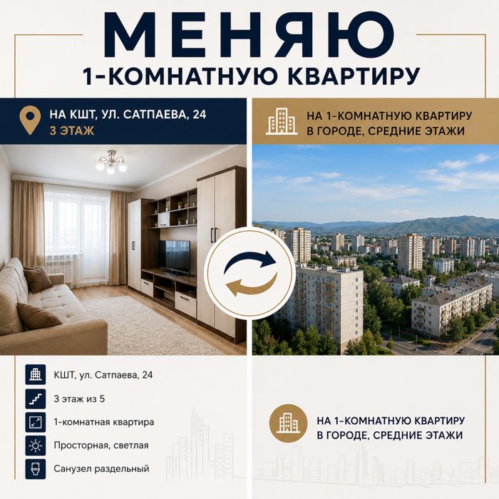 Продам 1 комн.кв на КШТ, пр. К. Сатпаева, 24 Этаж 3/5 Площадь 36 кв.м