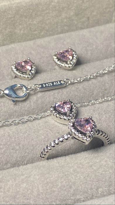 Set  PANDORA Argint S925 Inimă Roz (Cercei, Colier, Inel 54EU) -Nou
