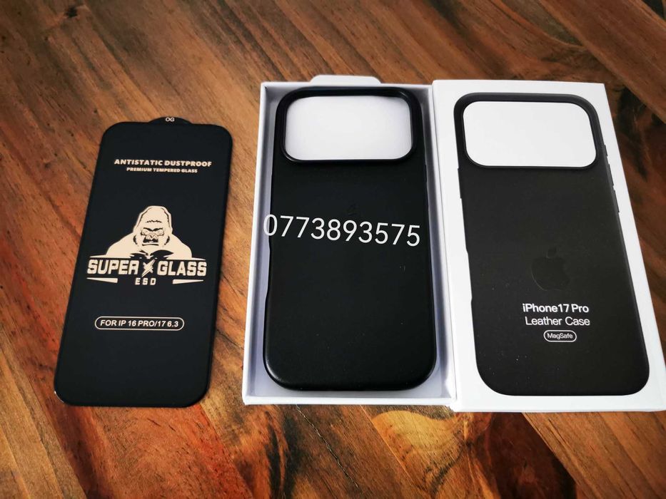 Husa piele cip si Magsafe + folie sticla ecran Iphone 16 17 PRo Max