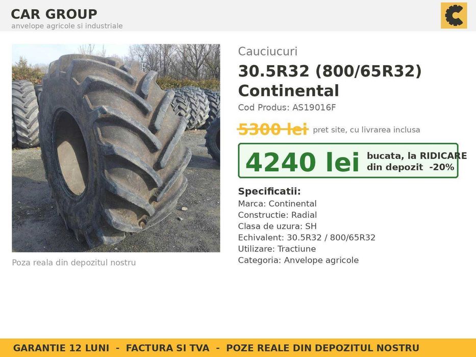ANVELOPE 30.5R32 800/65R32 30.5L-32 Continental Cauciucuri Combina John Deere New Holland Case IH SH GARANTIE Factura TVA