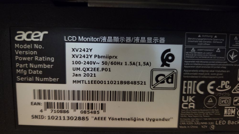 Монитор Acer XV242Y Pbmiiprx 165 гц