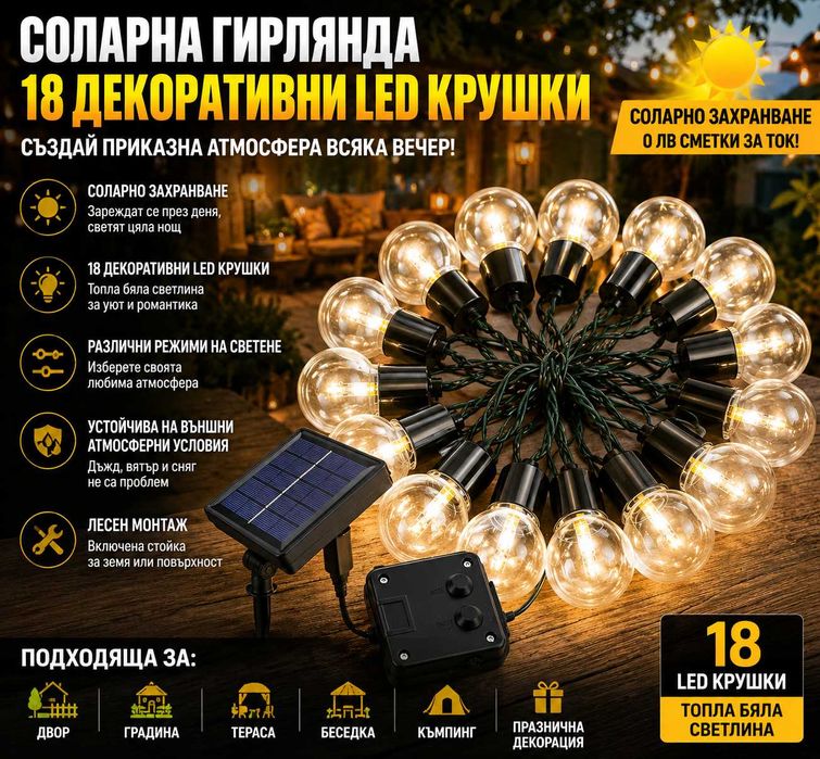 СУПЕР ЕФЕКТНА Соларна LED гирлянда с 18 крушки PA1603 – За градина, тераса и двор