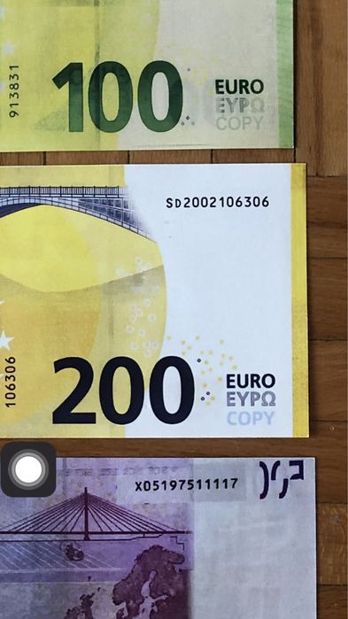 Реквизитни евро банкноти, пачки от 5, 10, 20, 50  100, 200 и €500