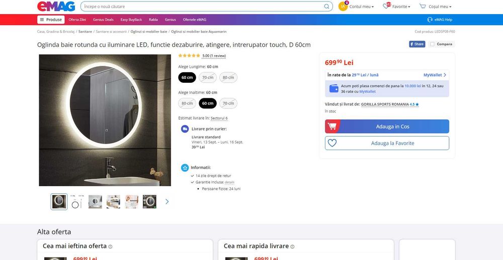 Oglinda baie rotunda,ilumin LED,functie dezaburire,REDUSA de la 700RON