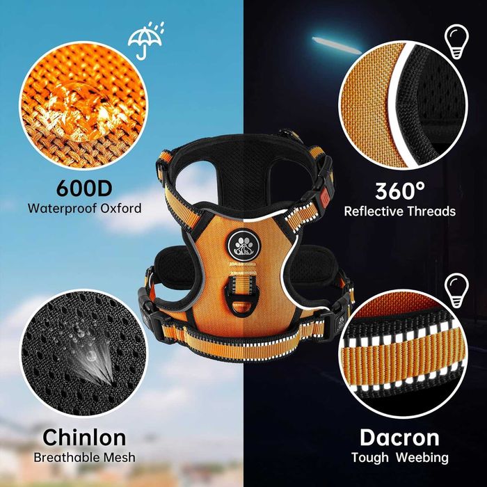 Нагръдник за куче No-Pull,оранжев, с комплект аксесоари за кола, M