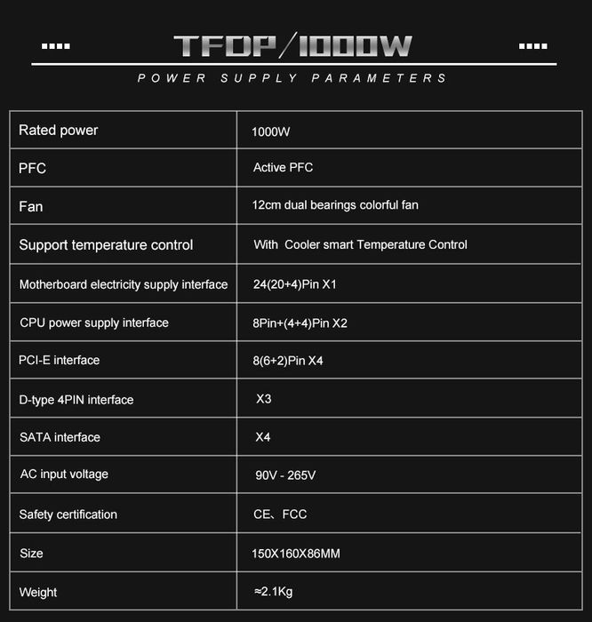 TFDP ATX 1000W noua , modulara, 80 Plus Gold