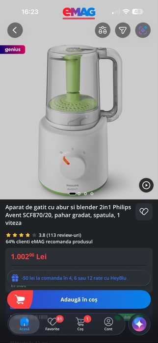 Aparat de gatit cu abur si blender 2in1 Philips Avent SCF870/20, pahar gradat, spatula, 1 viteza