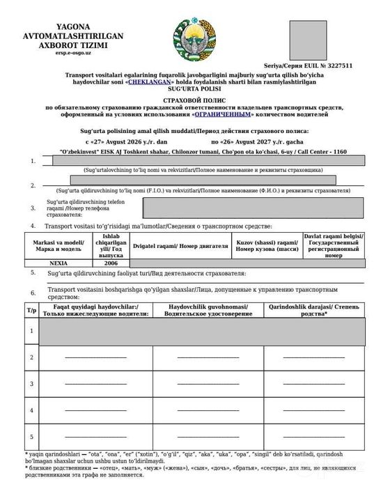 Avtomobillarga online ishonchnoma(Dovernost), sug'urta va boshqalar
