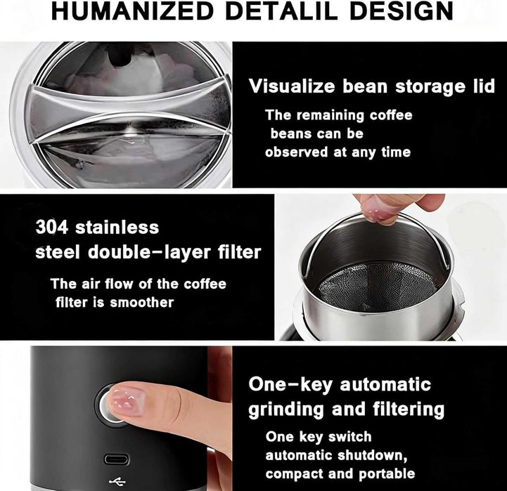 Електрическа, безжична, акумулаторна кафемелачка с 15 настройки