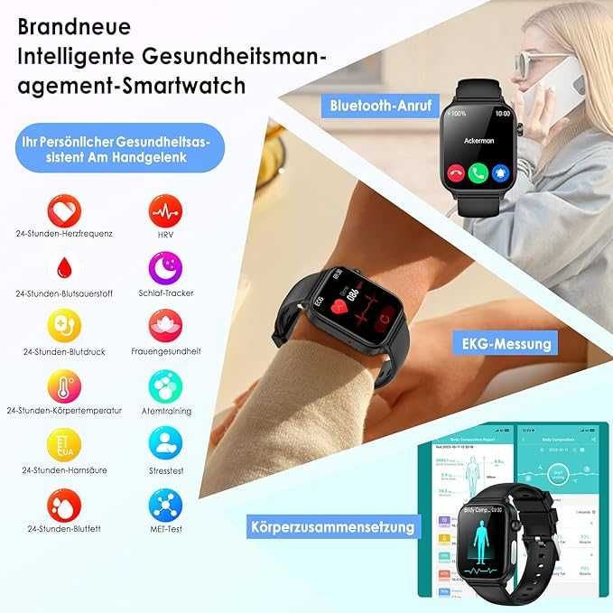 Marsyu Smartwatch ECG/BV / Acid Uric / IMC Ceas de sănătate pentru bărbați și femei cu funcție de telefon