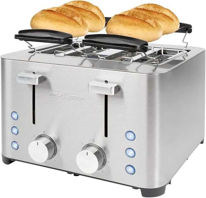 Тостер ProfiCook | Тостер за 4 филии | Корпус от неръждаема стомана | 1500 вата | Широк отвор | Приставка за хлебчета 7 нива на изпичане |