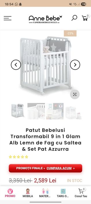Patut Bebelusi Transformabil 9 in 1 Glam Alb Lemn de Fag cu Saltea & Set Pat Azzurra