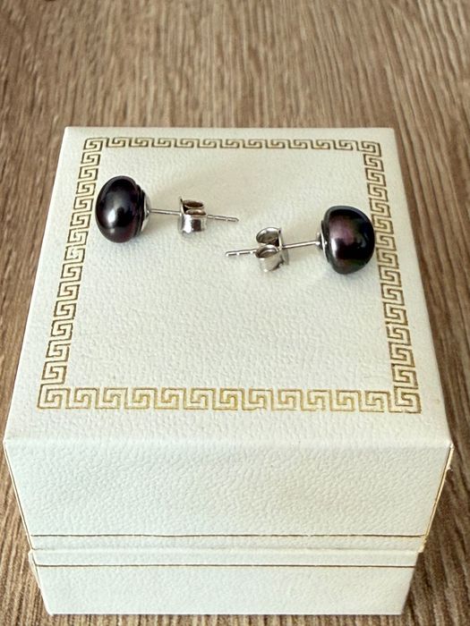 Cercei Aur Alb 18K Perle Gri inchis/Negre