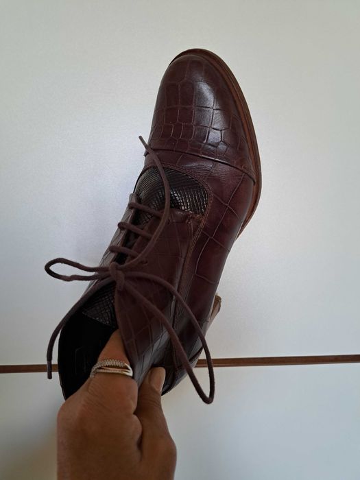 Кожени обувки Zinda, елегантни полуботи с ток, кафяви, естествена кожа