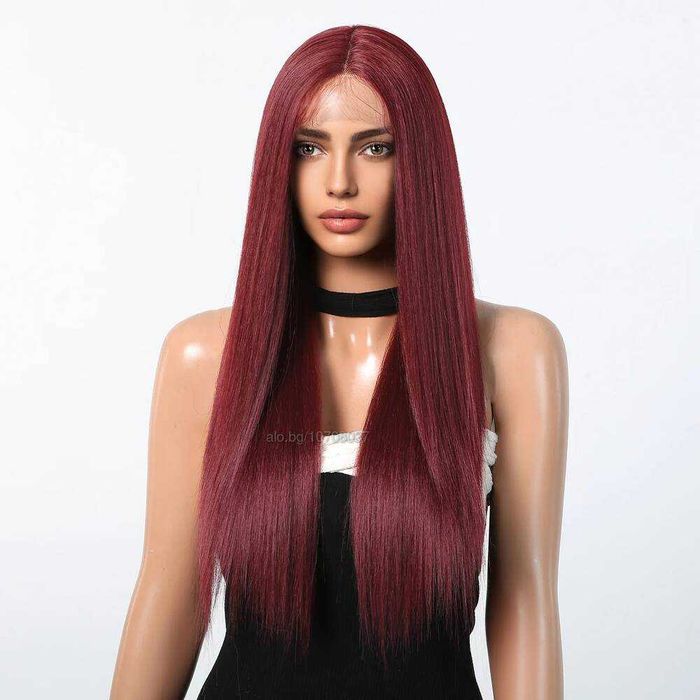 73 см Тъмно червена бургунди бордо права перука с дантела 13x4x1