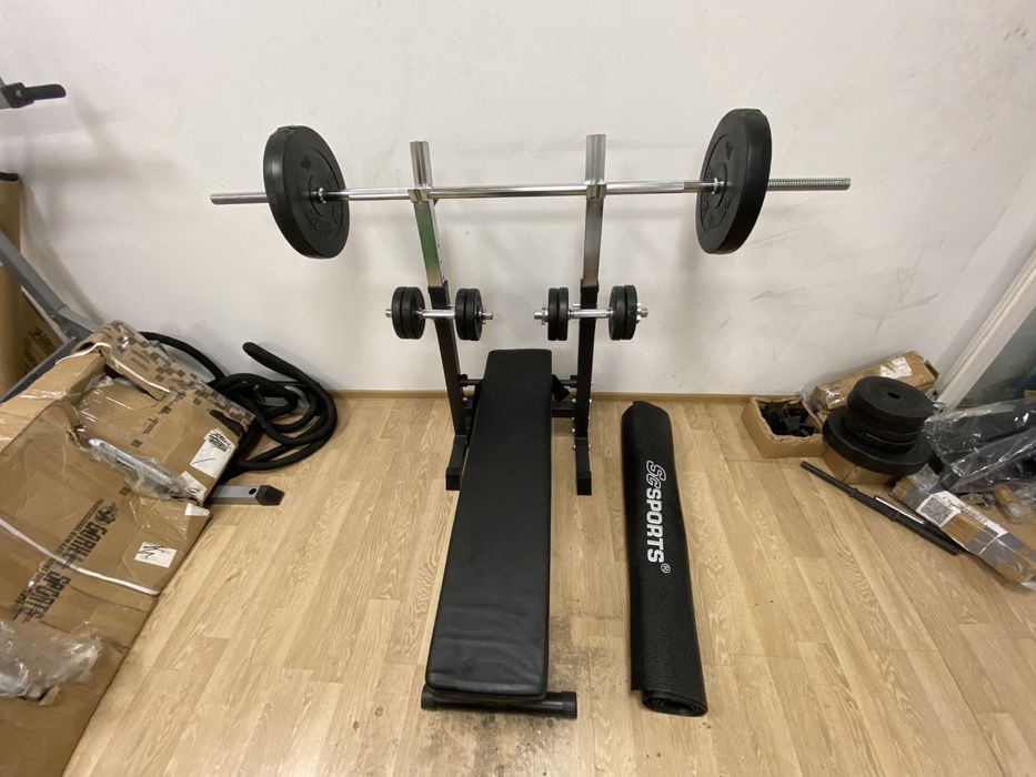 Set sala Banca piept+haltera gantere cu bari otel crom si piulite, noi