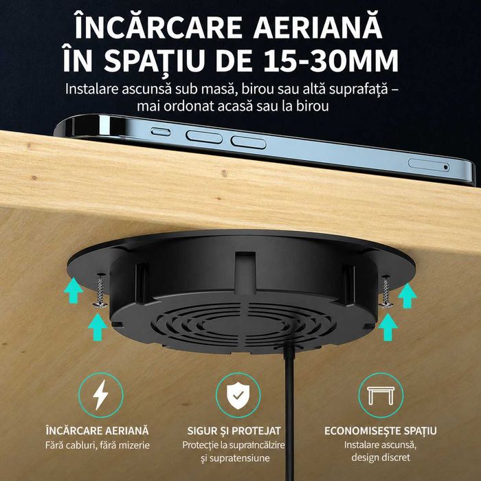 Încărcător Wireless cu Distanță Mare 30mm – Montaj Ascuns Sub Birou / Mobilier