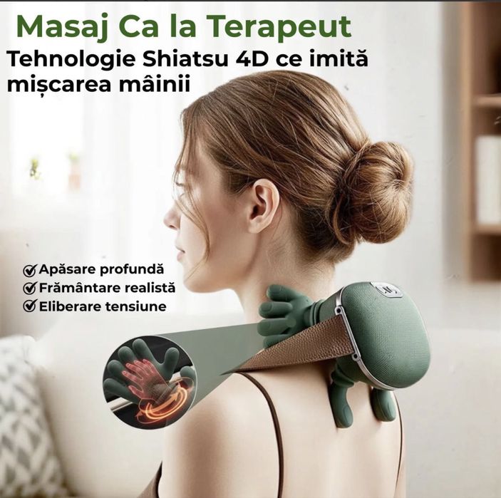 Aparat Masaj Cervical Multifunctional, 4D, 3 Intensitati, 2 Trepte Caldura 40/45°C, Wireless, Autonomie 70 min