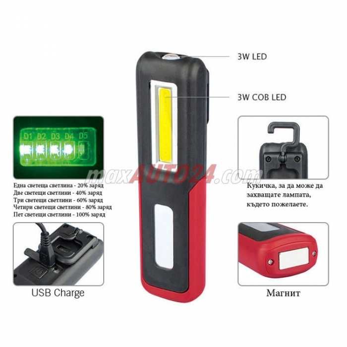 Работна LED Лампа ESEN99 с Батерия 1200mAh – USB Зареждане, до 3 часа работа и Стойка за Дом, Гараж, Къмпинг и Риболов