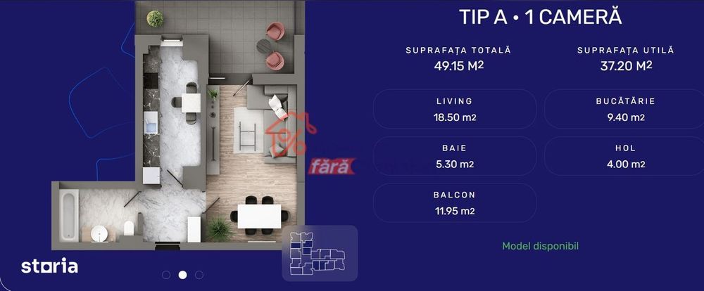 Apartament 1 Cam, 49.15mp