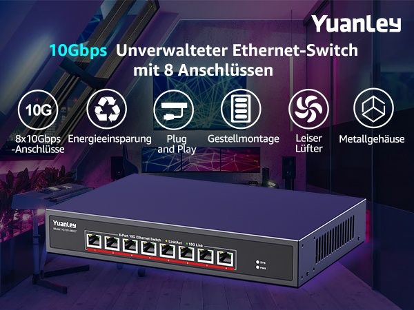 Yuanley 8 порта х 10G RJ45 Ethernet суич, неуправляем комутатор