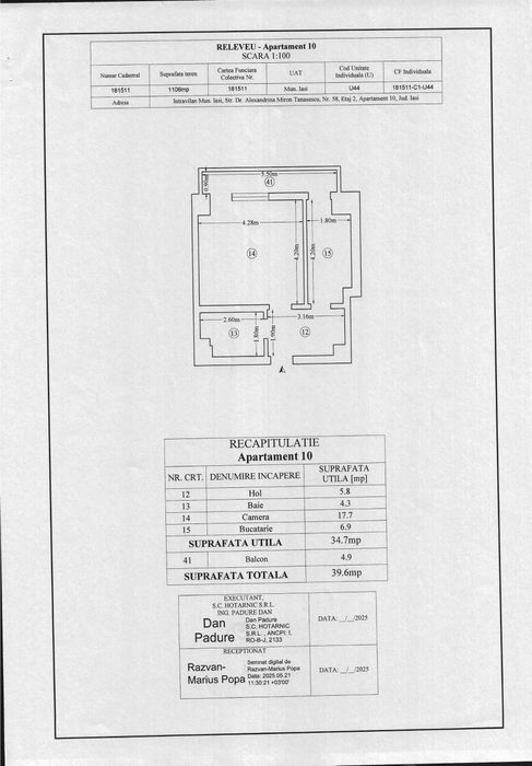 P.F. Apartament cu o camera, Tatarasi, 40mp, decomandat