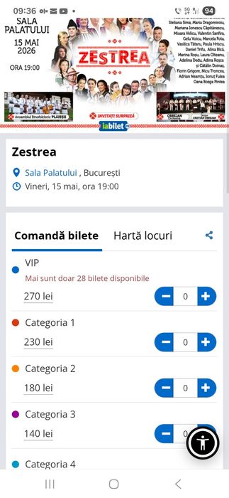 Vand 2 bilete la spectacol Zestrea sala palatului