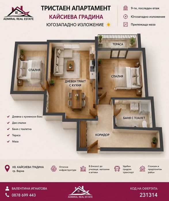 Тристаен -Атрактивна цена - за ремонт -Кайсиева градина