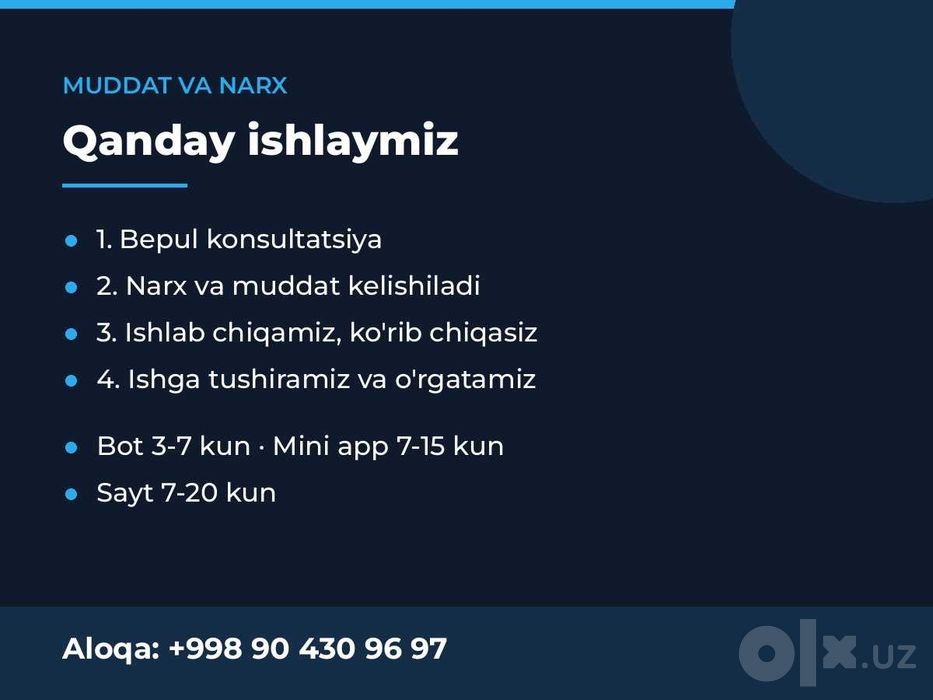 Telegram bot, mini app va sayt yaratish | Buyurtma asosida