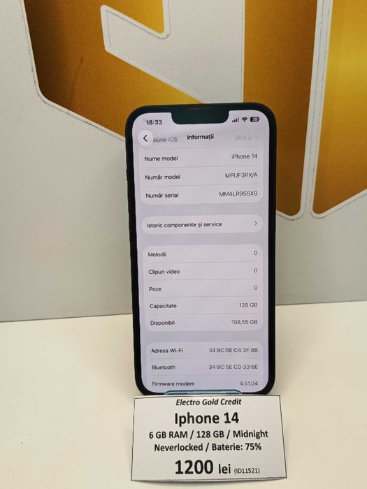 Iphone 14 128GB Midnight/Neverlocked/Baterie: 75%/Stare buna! ID11521