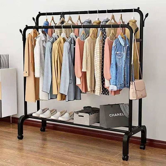 Вешалка для одежды напольная с полками и колёсами, металлическая
